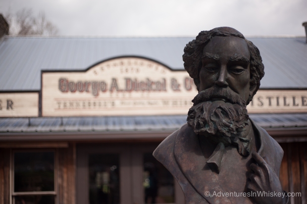 A bust of George Dickel in front of the Visitor's Center.